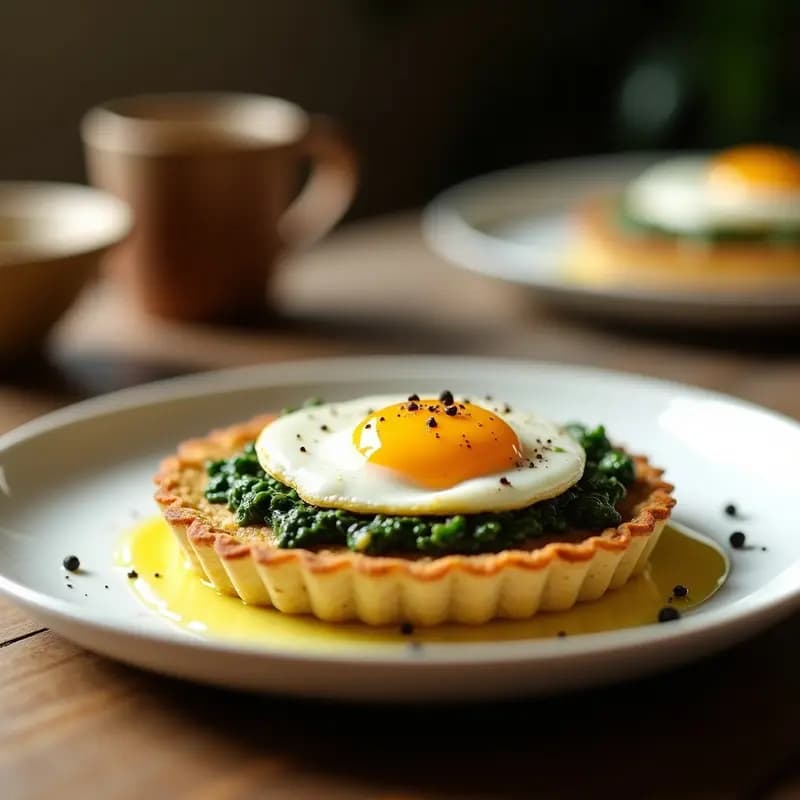 Tartaleta dorada de quinoa con crema verde de espinacas y huevo pochado con yema líquida, decorada con pimienta negra y aceite de oliva. Desayuno alto en proteínas sobre fondo rústico de madera.