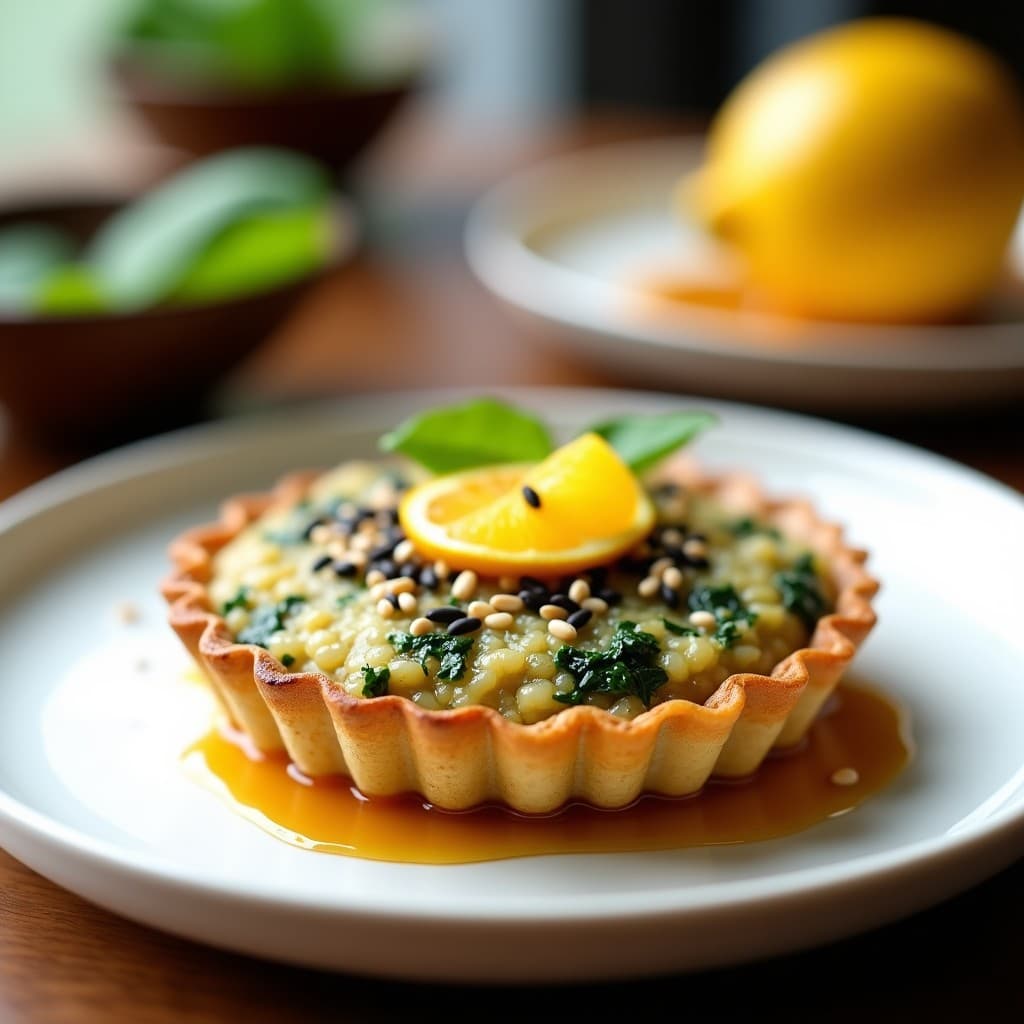 Tartaleta de quinoa y espinacas dorada y crujiente, servida en plato blanco con salsa de yuzu amberina y semillas de sésamo negro y blanco espolvoreadas. Desayuno vegano japonés en airfryer, con textura esponjosa y decoración minimalista.