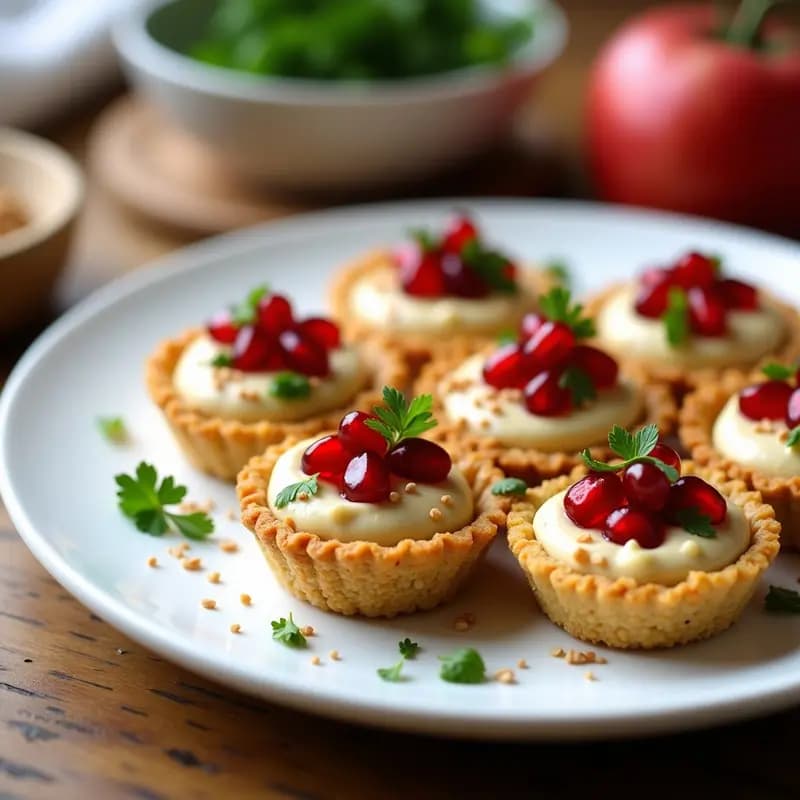 Tartaletas crujientes de quinoa rellenas de hummus cremoso y decoradas con granos de granada rojos, perejil verde y semillas de sésamo, servidas en un plato blanco sobre fondo rústico.