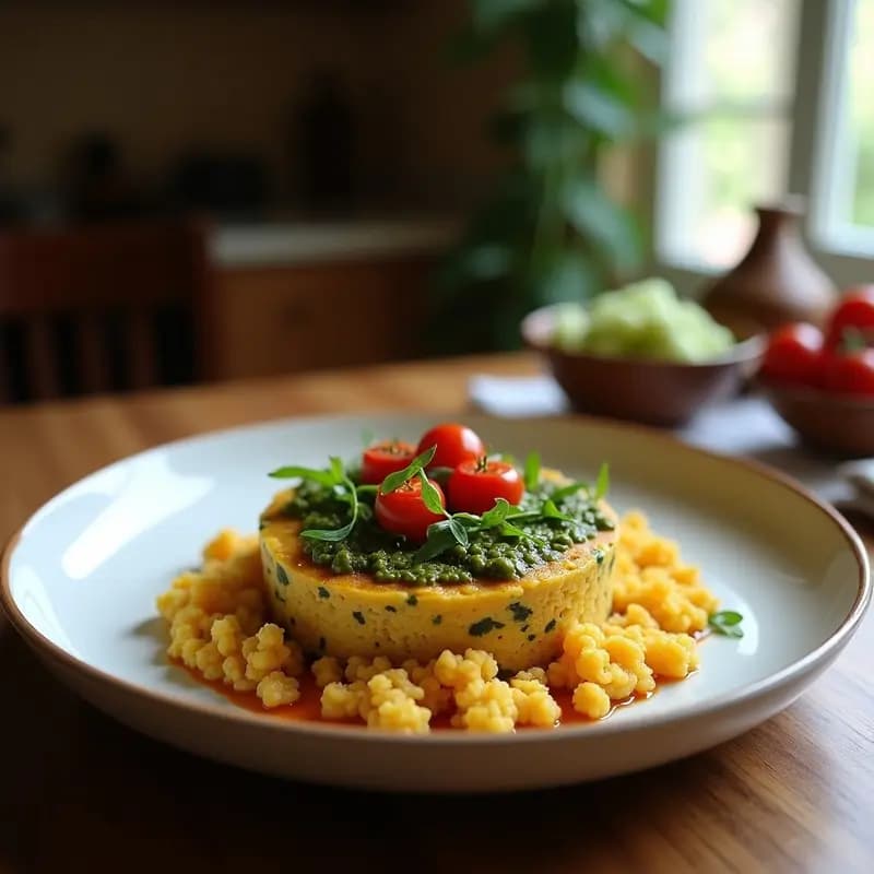 Tartaletas doradas de quinoa con relleno verde de pesto de albahaca y trozos de tomates secos rojos, servidas en molde de silicona sobre tabla de madera rústica, receta mediterránea en Thermomix.