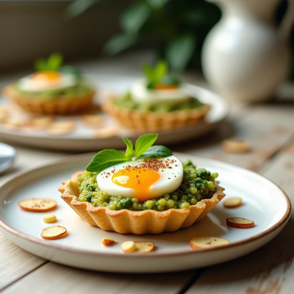 Tartaleta individual de quinoa dorada con base compacta, coronada por pesto cremoso de espárragos blancos, huevos de codorniz cortados por la mitad y un hilo de aceite de oliva. Plato primaveral elegante y colorido.