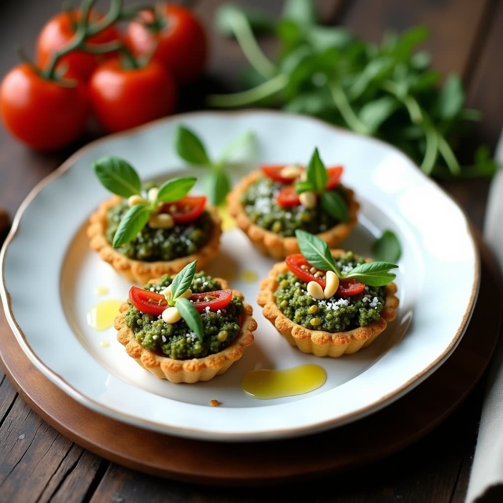 Tartaletas doradas de quinoa rellenas de pesto verde de rúcula y tomates secos, con piñones y queso rallado por encima, servidas en plato blanco sobre mesa de madera rústica.