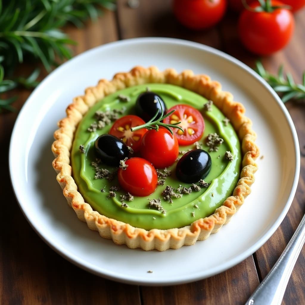 Tartaleta de quinoa dorada rellena de puré de guisantes cremoso, decorada con tomates cherry y aceitunas negras, con un toque de hierbas provenzales. Receta vegana sin gluten con influencia francesa, servida en plato blanco rústico.