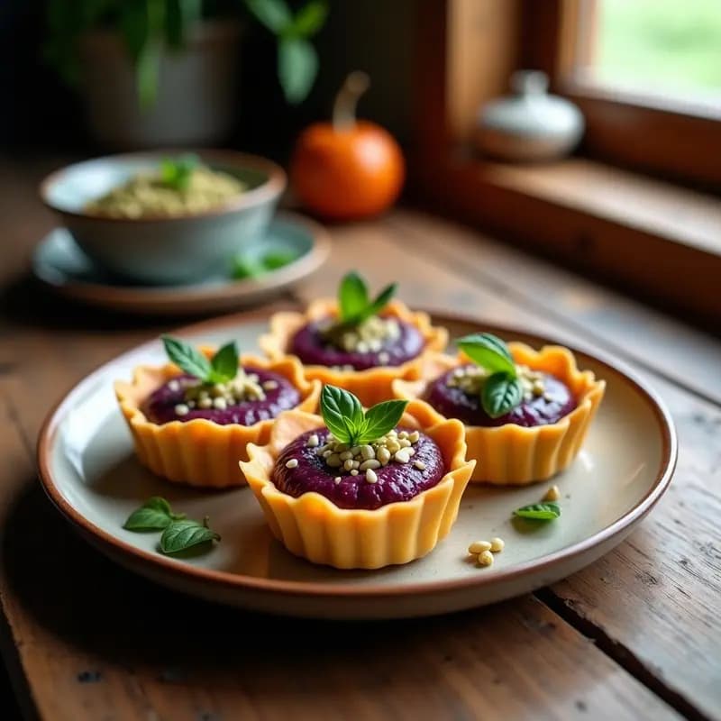 Tartaleta keto con base dorada de semillas de calabaza, rellena de pesto cremoso de albahaca morada, servida en molde de silicona sobre fondo rústico de madera.