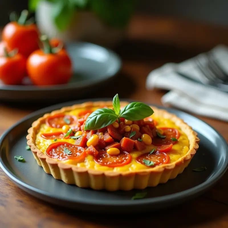 Tartaleta vegana con base dorada de semillas de calabaza y relleno colorido de ratatouille francesa, servida en plato blanco sobre fondo rústico.
