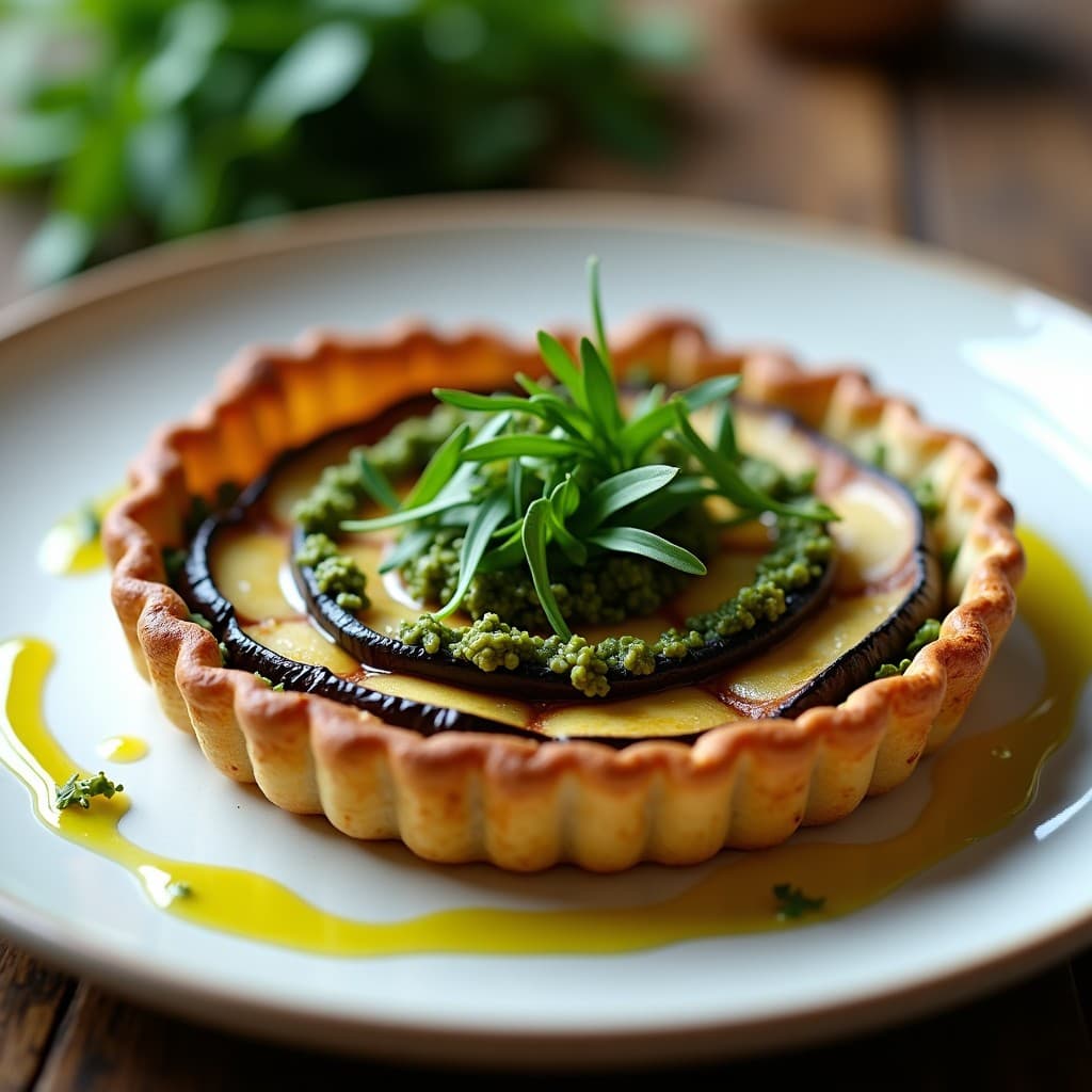 Tartaleta dorada de harina de sorgo con base crujiente, rellena de rodajas de berenjena ahumada en círculos concéntricos y coronada con pesto de rúcula verde intenso. Plato italiano sin gluten servido en molde de cerámica blanca sobre fondo rústico de madera.