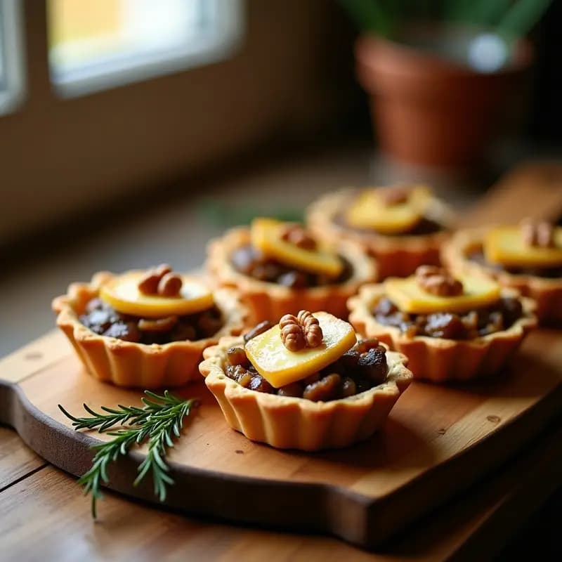 Tartaletas individuales de masa brisa dorada rellenas de setas salteadas y foie gras, gratinadas con queso gruyère y nueces picadas, servidas en bandeja de madera con tomillo fresco.