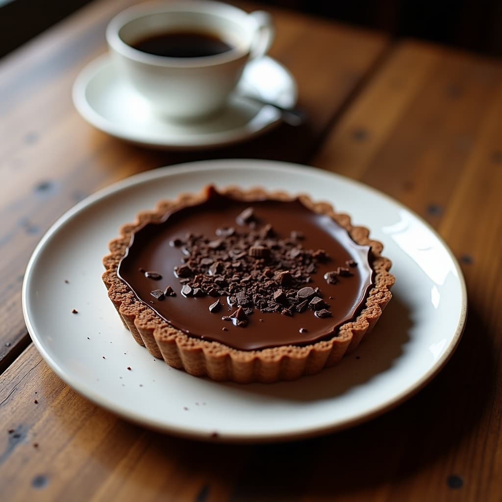 Tartaleta vegana de café moca en molde individual, base de nueces y dátiles con relleno cremoso de café y cacao, decorada con chips de cacao oscuro.
