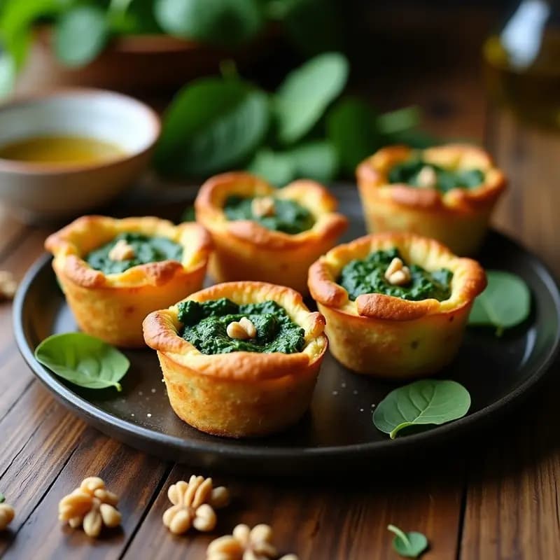 Tartaletas veganas doradas en molde de horno, rellenas de mezcla verde de espinacas y tofu cremoso, decoradas con nueces picadas y servidas sobre tabla de madera rústica.