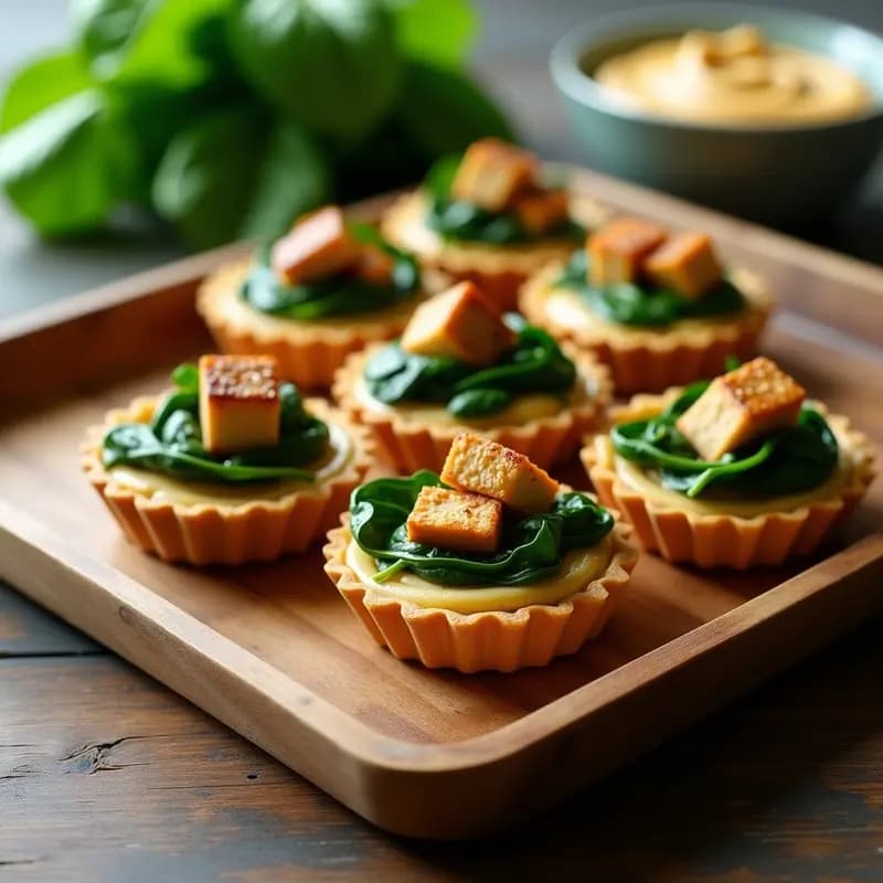 Tartaletas veganas doradas rellenas de hummus cremoso, espinacas salteadas y tofu marinado, espolvoreadas con semillas de sésamo sobre una bandeja de madera.