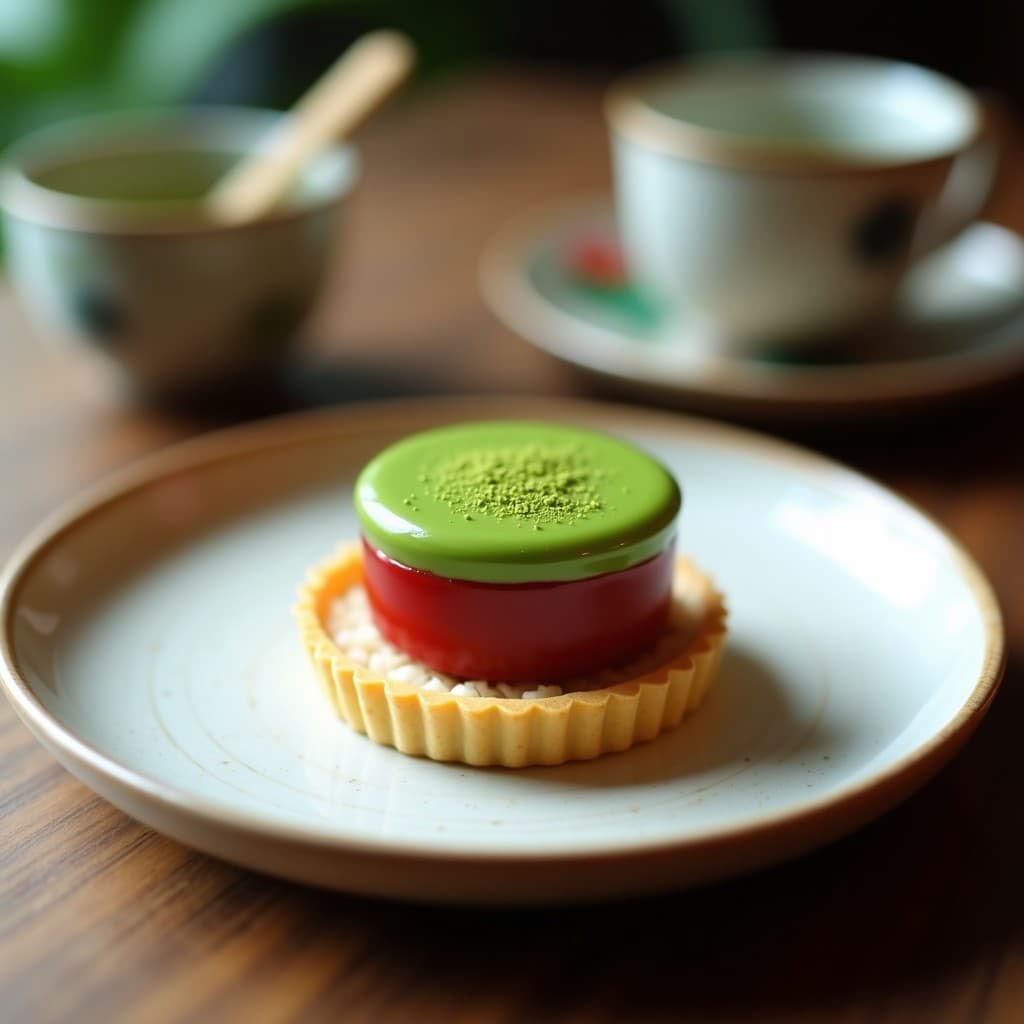 Tartaleta vegana japonesa en molde individual con base dorada crujiente, relleno cremoso de frijoles rojos y capa superior verde brillante de matcha, decorada con espolvoreado de matcha en polvo.