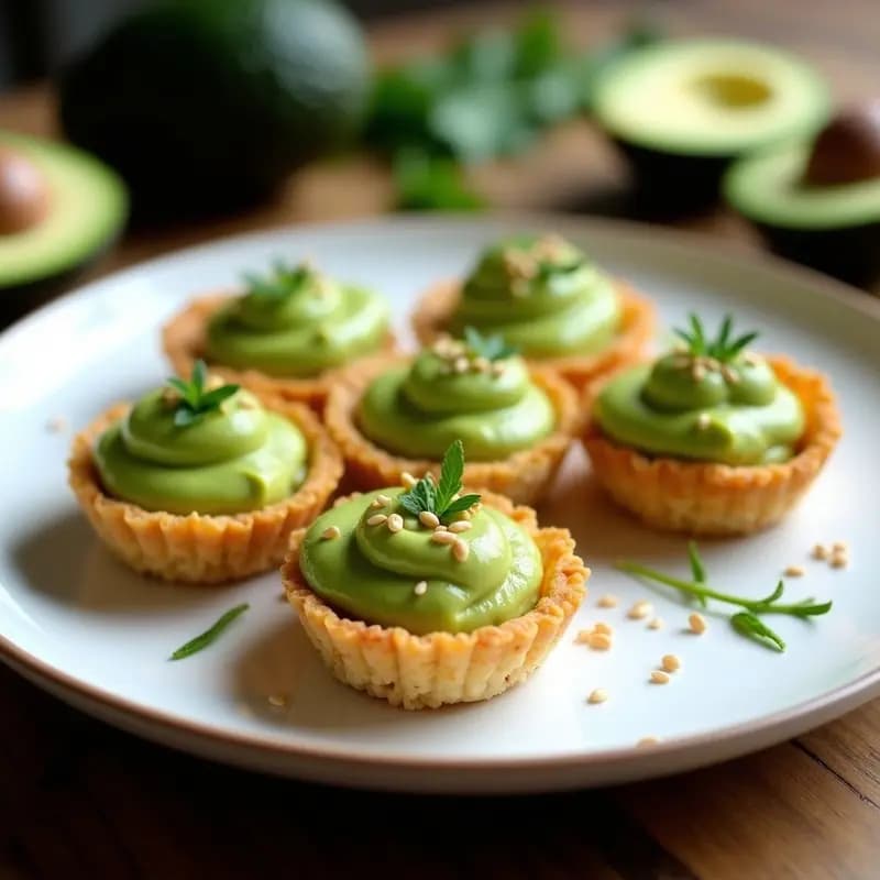 Tartaletas veganas de quinoa inflada con relleno cremoso de aguacate y buchu, decoradas con semillas de sésamo, servidas en plato blanco sobre fondo rústico.