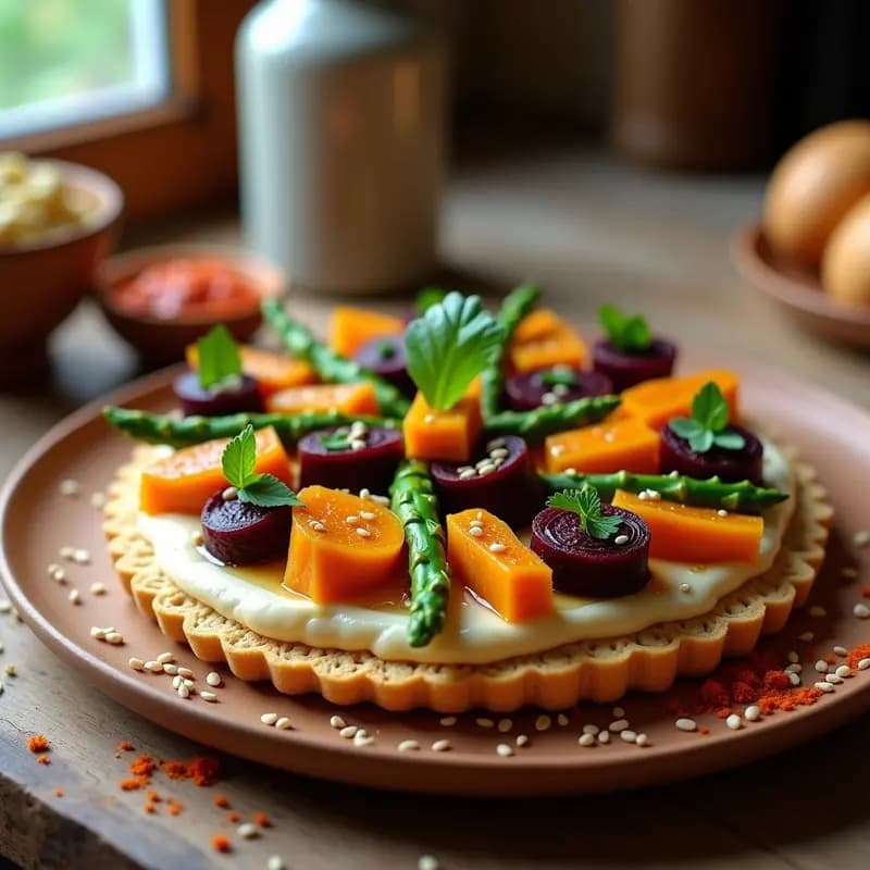 Tartaleta francesa vegana y sin gluten con base crujiente de trigo sarraceno, capas de hummus cremoso, calabaza asada caramelizada, remolacha morada y espárragos trigueros, decorada con perejil y semillas de sésamo.