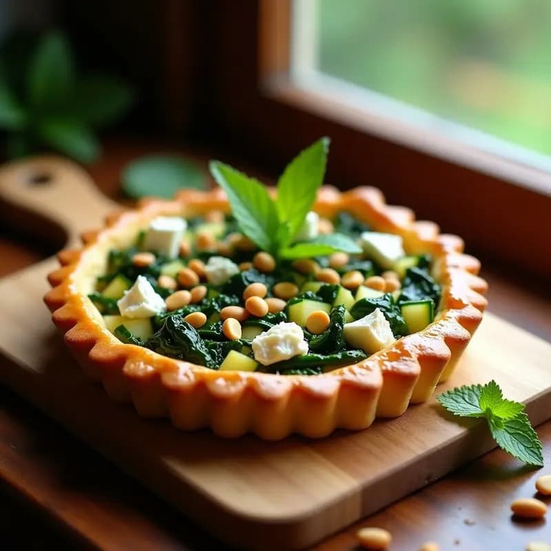 Tartaleta árabe dorada con base de hojaldre crujiente, rellena de zaanouri, espinacas y queso feta desmenuzado, decorada con piñones tostados.
