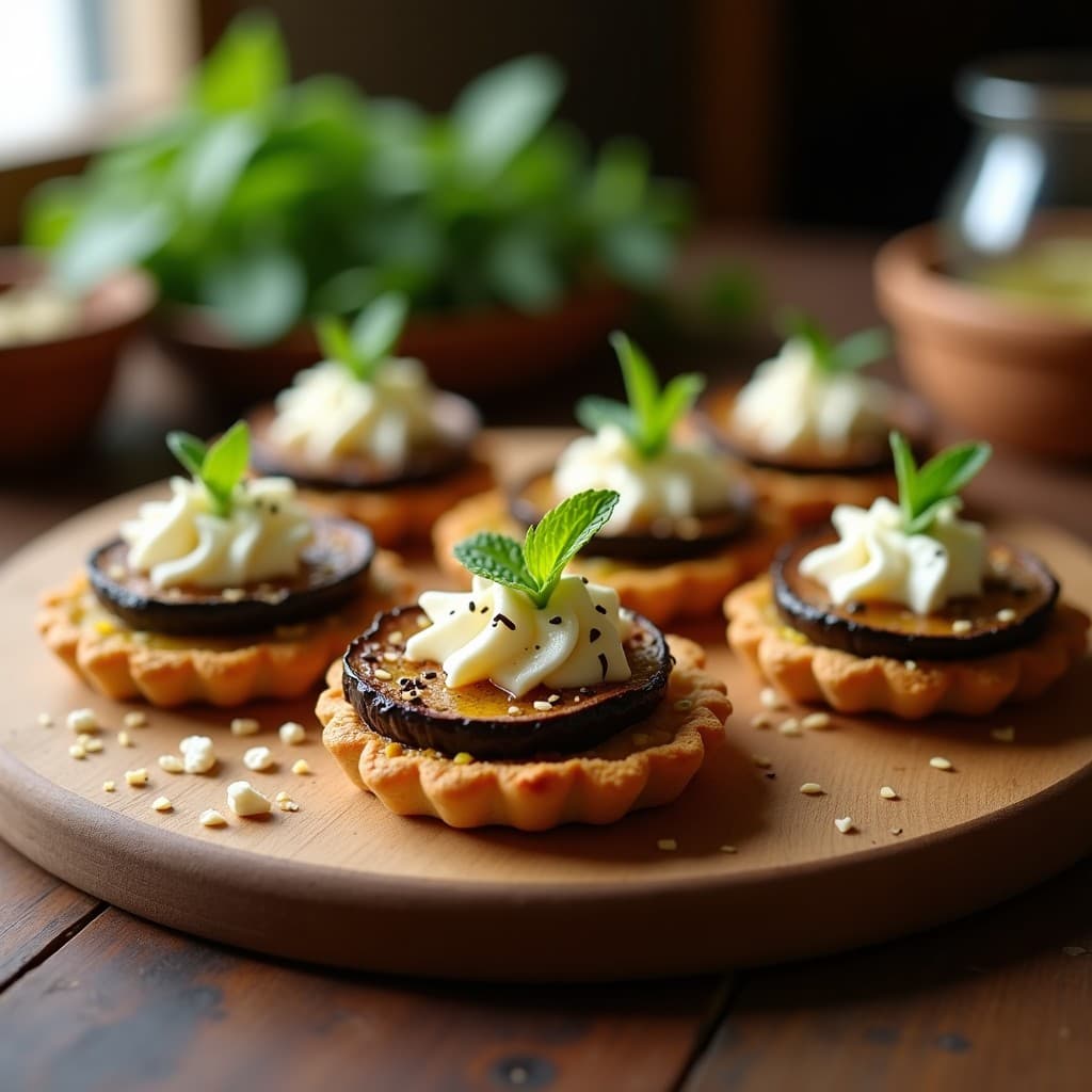 Tartaletas doradas al horno sin masa, con base de harina de garbanzo, cubiertas de rodajas de berenjena ahumada, queso feta desmenuzado, zaatar y semillas de sésamo. Receta árabe saludable y alta en fibra.