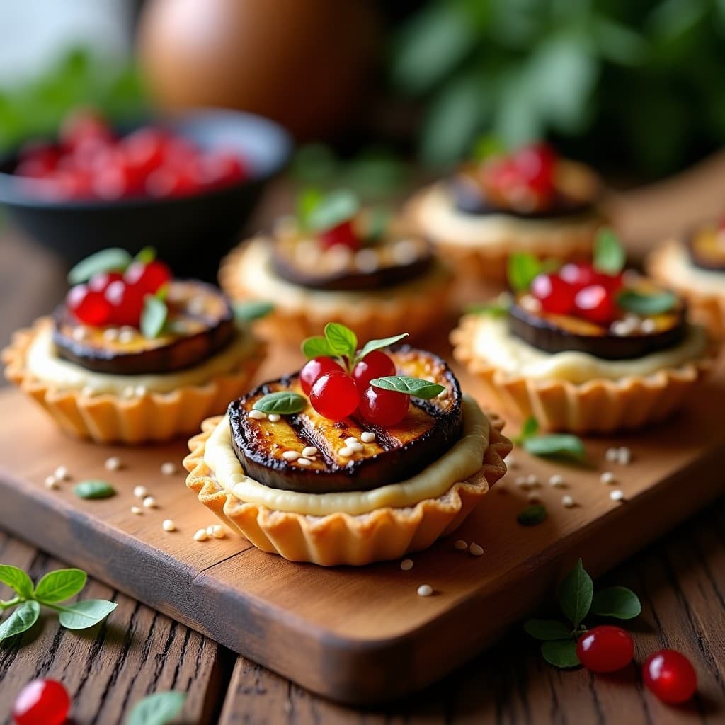 Tartaletas doradas de masa filo rellenas de berenjena asada, salsa de tahini y decoradas con semillas de sésamo y granada, receta vegana de zaatar.