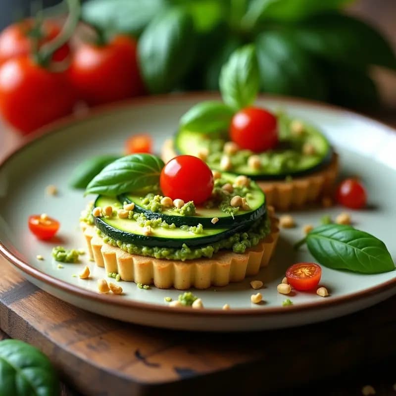 Tartaleta crudivegana de zucchini con capas de rodajas verdes, pesto verde brillante de albahaca y piñones, decorada con tomates cherry rojos y anacardos troceados. Plato fresco y colorido sobre fondo rústico de madera.