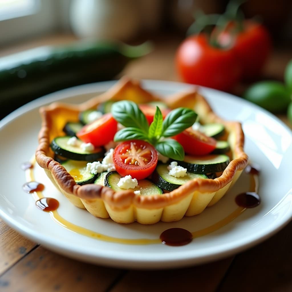 Tartaleta dorada de zucchini y queso feta sin masa, con rodajas de tomate cherry y hojas de albahaca fresca, servida en plato blanco rústico. Receta italiana keto y sin gluten.
