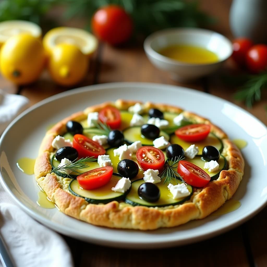 Tartaleta griega sin gluten de zucchini y queso feta con vinagreta de limón, decorada con tomates cherry y aceitunas kalamata sobre base dorada y crujiente.