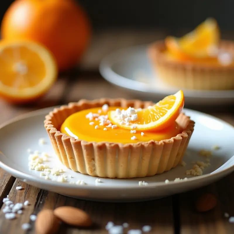 Tartaleta francesa sin gluten con base de almendras doradas y relleno brillante de zumo de naranja, decorada con almendras fileteadas y hojas de menta fresca sobre un plato blanco.