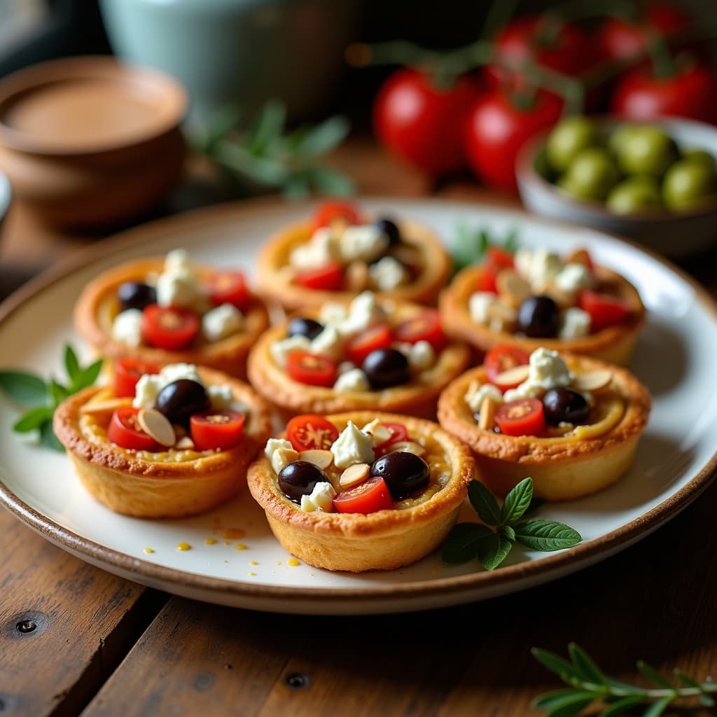 Tartaletas doradas de masa hojaldre rellenas de aceitunas Kalamata, queso feta desmenuzado, tomate cherry y almendras fileteadas, horneadas en airfryer sobre fondo rústico de madera.