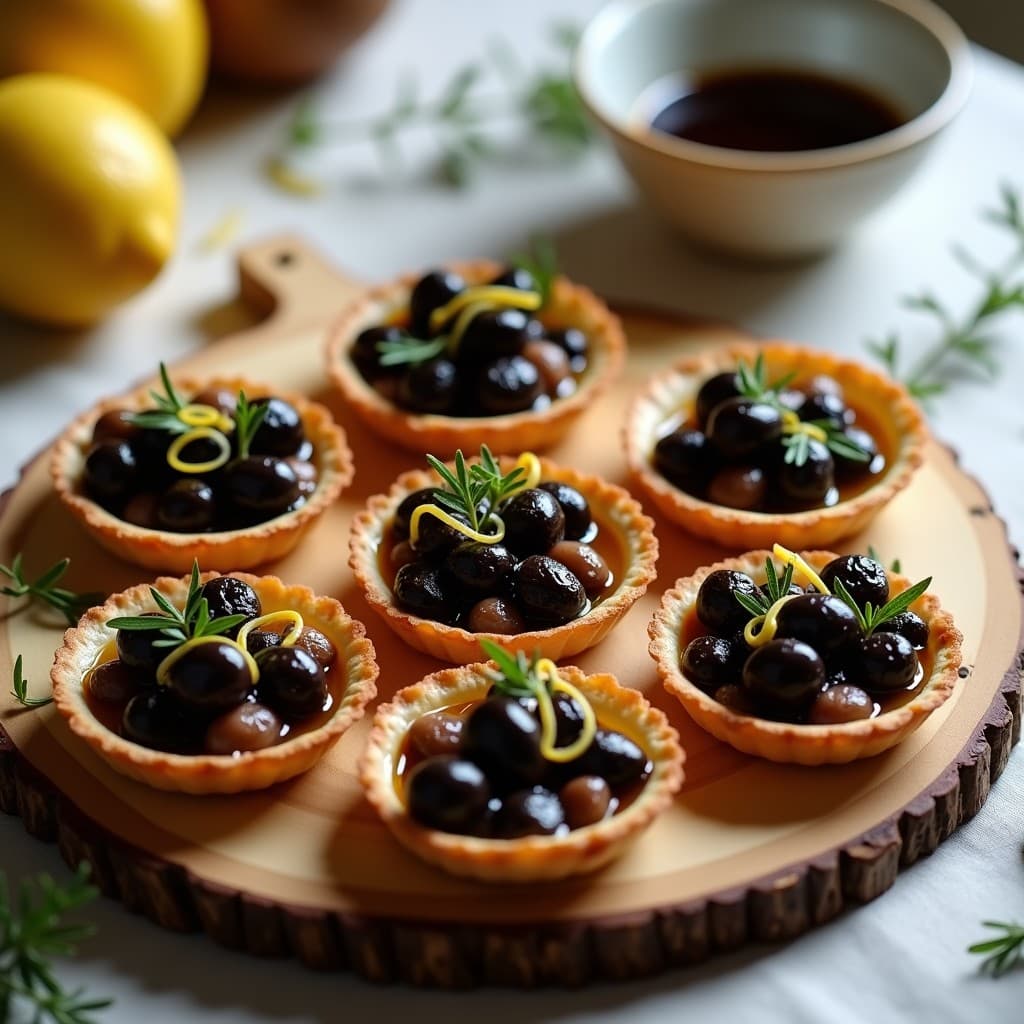 Tartaletas doradas de base de almendra rellenas de mezcla oscura de aceitunas negras y anchoas, decoradas con hierbas provenzales y aceite de oliva, sobre bandeja de madera rústica con fondo borroso.