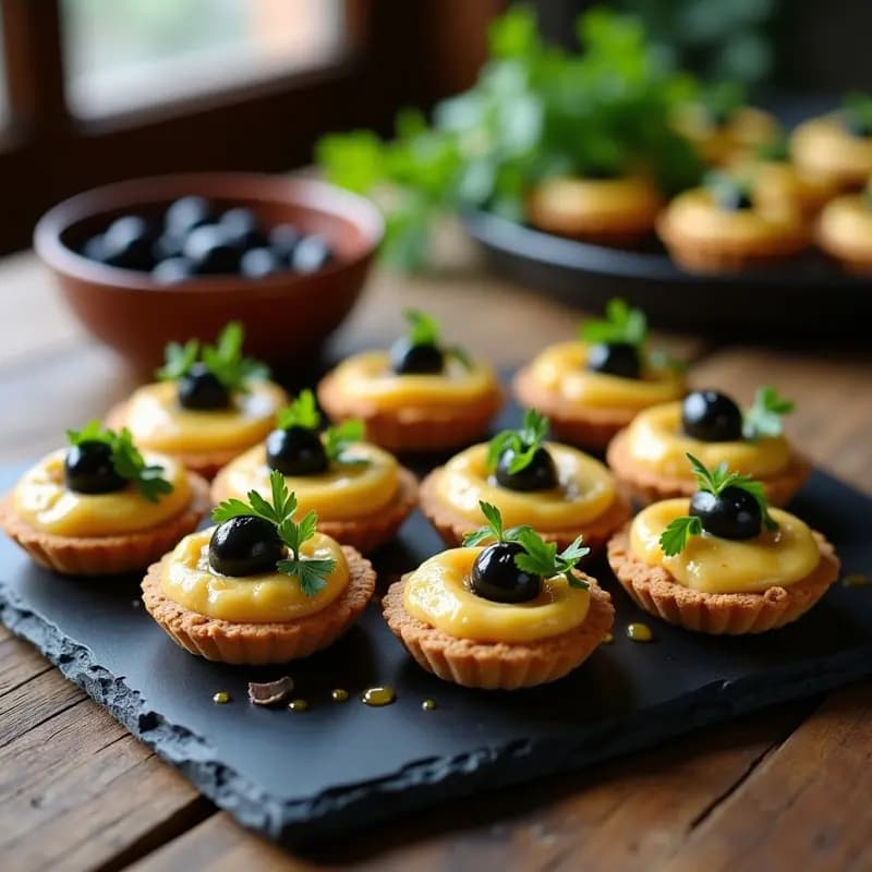 Tartaletas keto sin horno con base dorada de almendra, rellenas de crema de aceitunas negras y alcaparras, coronadas con filetes de anchoas y perejil fresco. Aperitivo italiano elegante y bajo en carbohidratos.