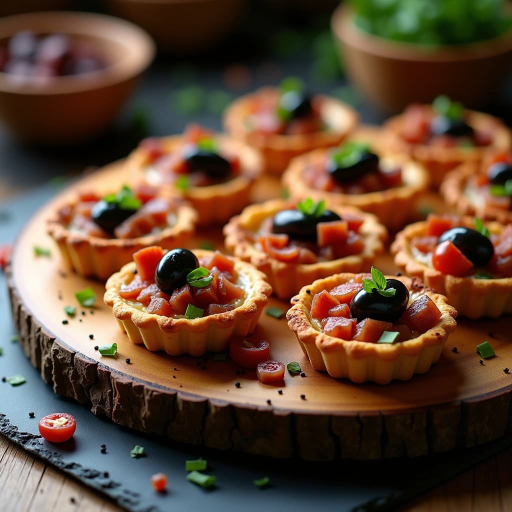 Tartaletas keto de masa dorada de almendra rellenas de queso de cabra desmenuzado, taquitos crujientes de panceta ibérica y aceitunas kalamata, decoradas con cebollino fresco sobre una bandeja de madera rústica.