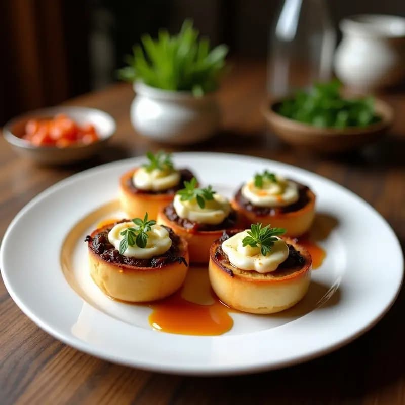 Tartaletas helenas sin horno con base de galleta integral, rellenas de queso de oveja desmenuzado y aceitunas Kalamata picadas, decoradas con almendras fileteadas y un hilo de miel de tomillo sobre un plato de cerámica blanca con fondo rústico.