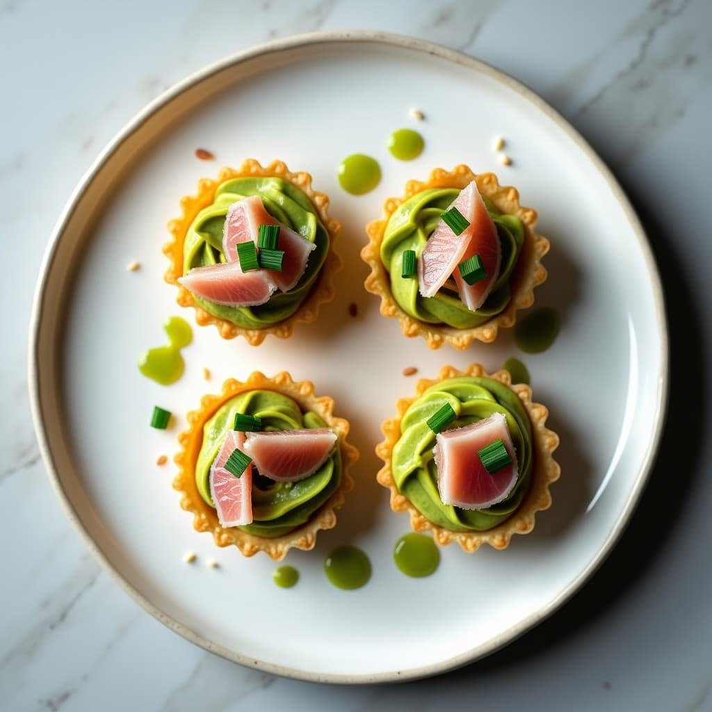 Tartaretas de aguacate y atún con aliño de wasabi sobre bases de hojaldre dorado, decoradas con semillas de sésamo y cebollino fresco, presentadas en bandeja blanca con fondo minimalista.