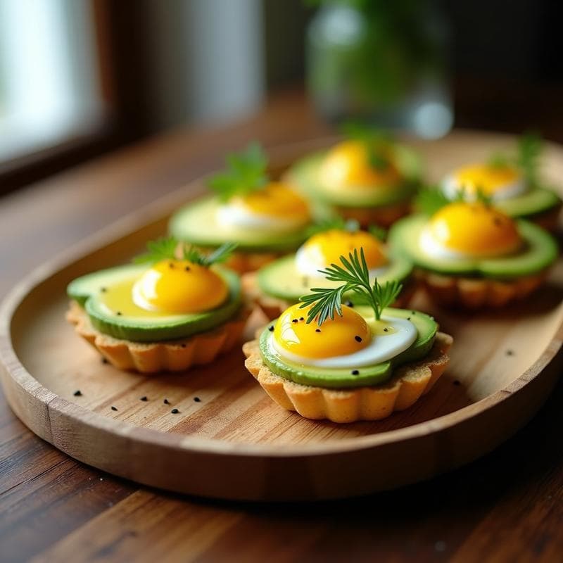 Tartaletas keto francesas con base dorada de almendra y coco, rellenas de cremoso aguacate verde, media yema de huevo de codorniz en el centro, cubiertas de caviar de limón amarillo brillante, decoradas con eneldo fresco, cebollino y semillas de sésamo negro sobre una bandeja de madera rústica.