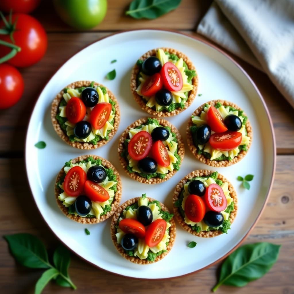 Tartaletas griegas sin horno con base dorada de semillas de girasol y lino, rellenas de pesto verde de periwinkle, alcachofas picadas, tomates cherry y aceitunas kalamata, servidas en plato de cerámica blanca.