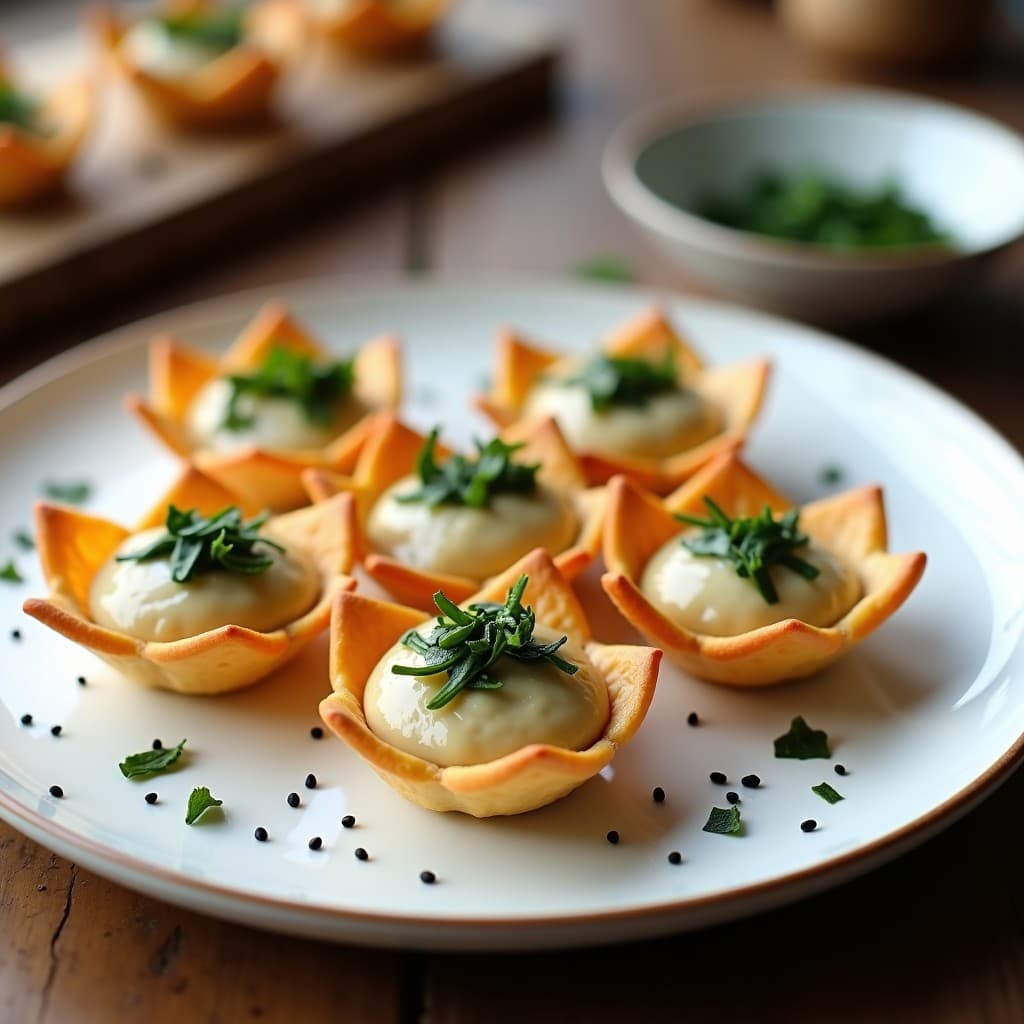Tartaletas doradas y crujientes rellenas de queso cremoso de anacardos y alga wakame picada, decoradas con semillas de sésamo negro, servidas en plato de cerámica blanca sobre fondo de madera rústica. Receta japonesa vegana en airfryer.