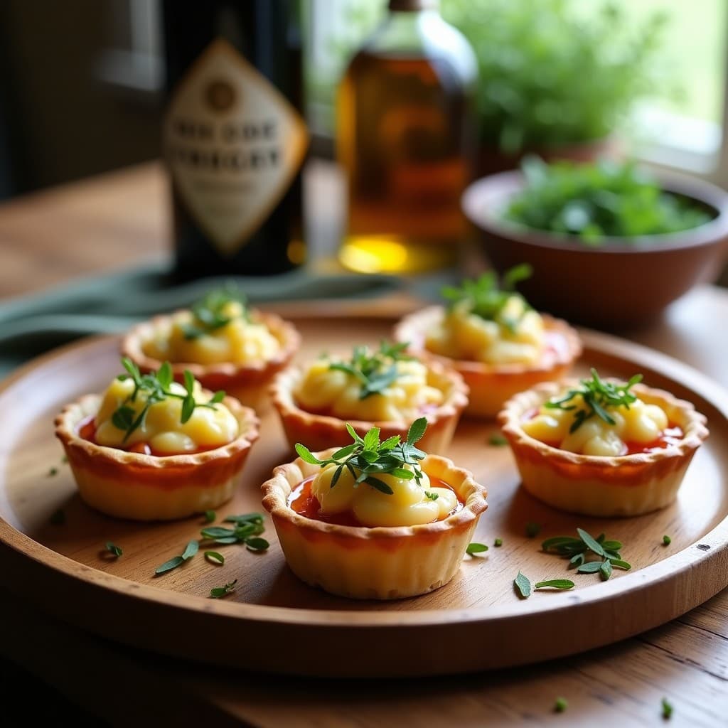 Tartaletas doradas con base de almendra, rellenas de crema de queso de cabra y algas dulse, decoradas con cebollino fresco y un hilo de vinagreta de sidra. Plato de entrante irlandés innovador con toques marinos y gourmet.