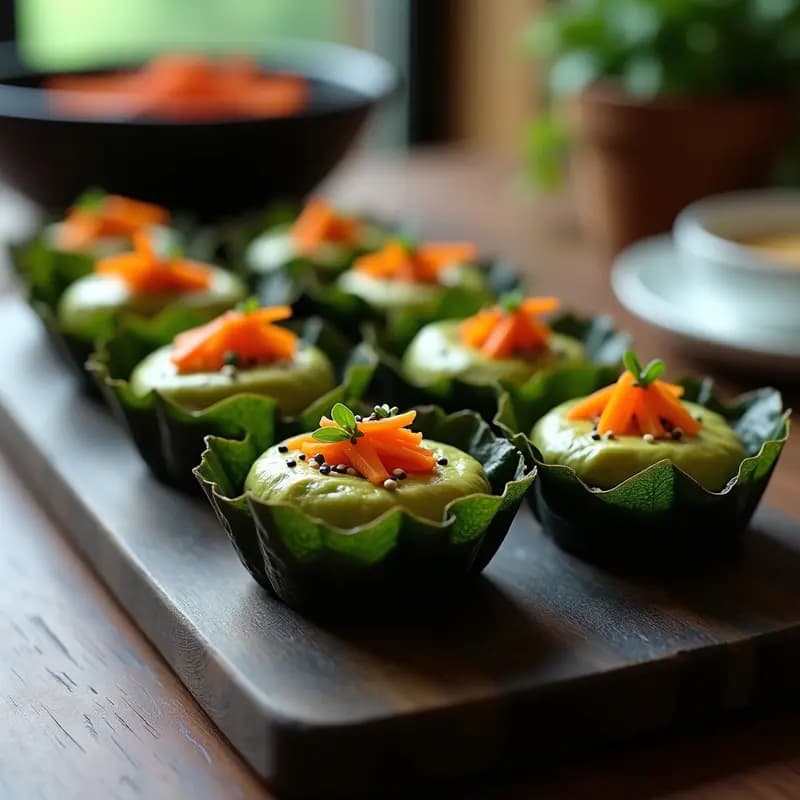 Tartaletas veganas japonesas con base crujiente de alga nori rellenas de hummus cremoso de edamame, decoradas con zanahoria rallada, pimiento rojo y semillas de sésamo sobre una bandeja de madera.