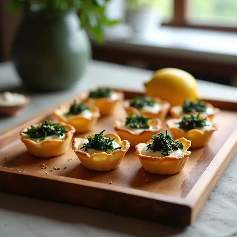 Tartaletas doradas de hojaldre rellenas de algas wakame verdes y queso de cabra vegano cremoso, decoradas con semillas de sésamo y un toque de limón, servidas en una bandeja de madera rústica.