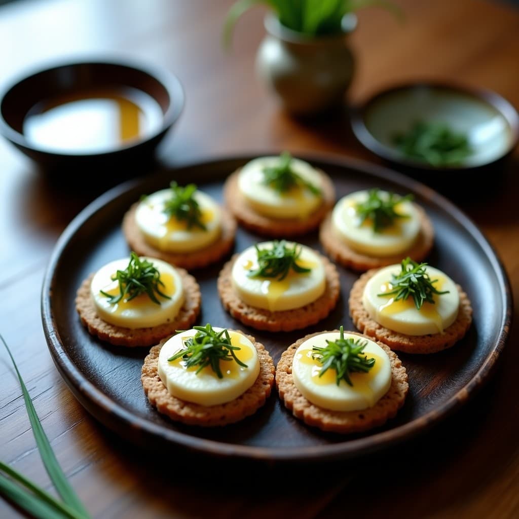 Tartaletas crudiveganas japonesas con base de hoja de shiso, rellenas de tofu sedoso y aguacate, decoradas con algas wakame, semillas de sésamo negro y vinagreta de yuzu, servidas en plato de cerámica blanca.