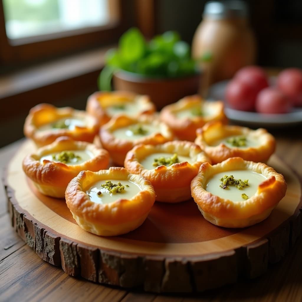 Tartaletas doradas de hojaldre integral con centro relleno de queso de cabra cremoso, cubiertas de algodón de azúcar de ajo caramelizado y pistachos picados, sobre bandeja de madera rústica con fondo desenfocado.