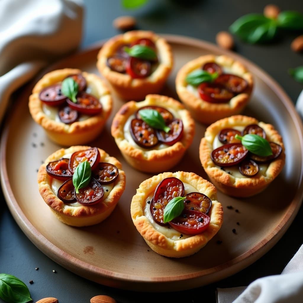 Tartaletas doradas de masa de almendra con relleno cremoso de berenjena asada y trozos de tomates secos, decoradas con semillas de sésamo negro y hojas de albahaca fresca sobre un plato de madera rústico.