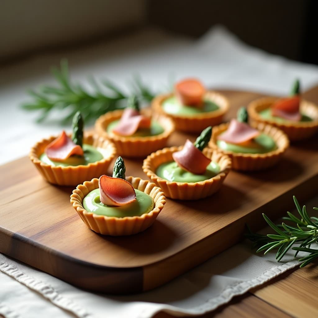 Tartaletas doradas de base de almendra con crema de espárragos trigueros de color verde claro, coronadas con láminas finas de jamón serrano y una punta de espárrago asado, servidas en bandeja de madera rústica.