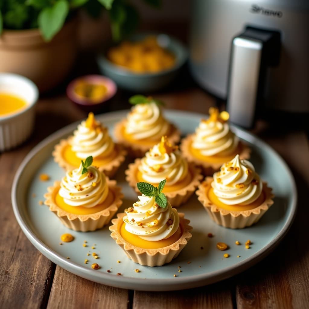 Tartaletas de almendra doradas rellenas de crema de maracuyá amarilla y cubiertas con merengue blanco tostado, postre brasileño sin gluten preparado en airfryer.
