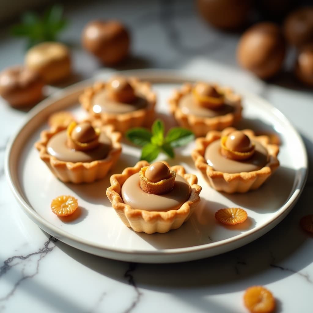 Tartaletas de almendra doradas con crema de marron suave y láminas de marron glacé brillante, decoradas con hojas de oro comestible sobre fondo blanco. Postre francés sin gluten y sin horno.