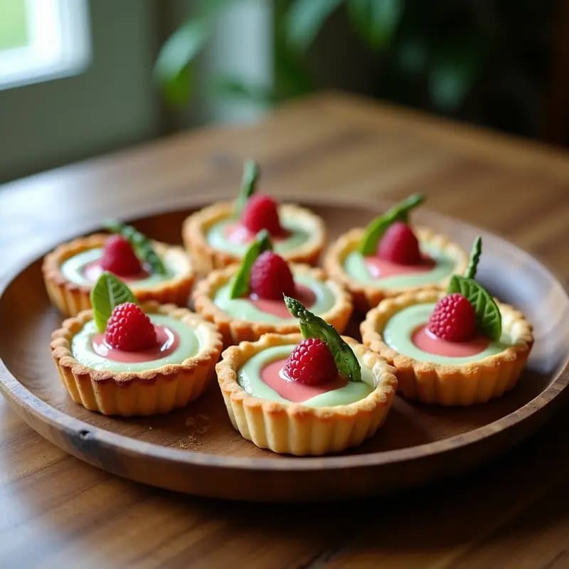 Tartaletas doradas de masa de almendra rellenas de crema suave de espárragos trigueros y coronadas con vinagreta brillante de frambuesa, servidas en bandeja de madera rústica.