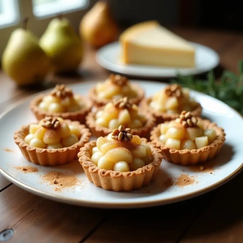 Tartaletas keto sin horno con base dorada de almendra, rellenas de crema de queso de cáscara y cubos de pera, decoradas con nueces picadas sobre fondo rústico de madera.