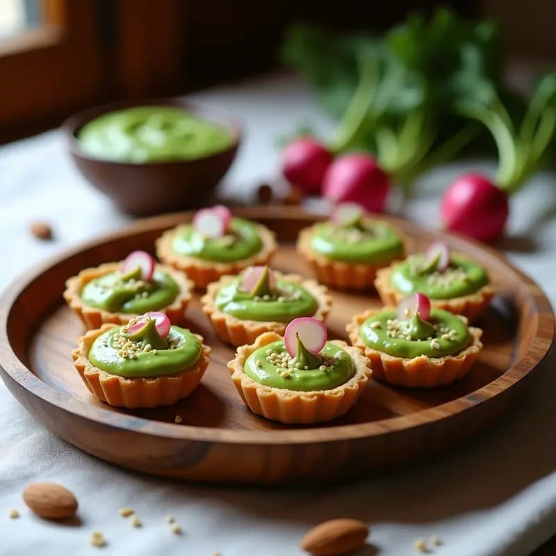 Tartaletas de almendra doradas con relleno cremoso de pesto de rábanos verde, decoradas con semillas de sésamo y rodajas finas de rábano, servidas en una bandeja de madera rústica. Aperitivo francés vegano sin horno.