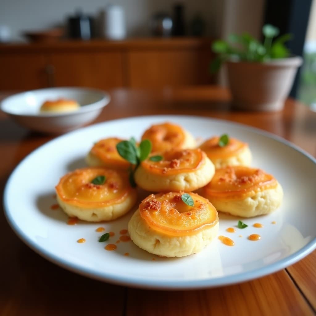 Tartaletas elegantes de base dorada y crujiente de almendra, rellenas de un praliné de avellanas brillante y cremoso, decoradas con virutas de avellana y un toque de cacao en polvo, sobre un plato blanco rústico con fondo borroso de cocina francesa.