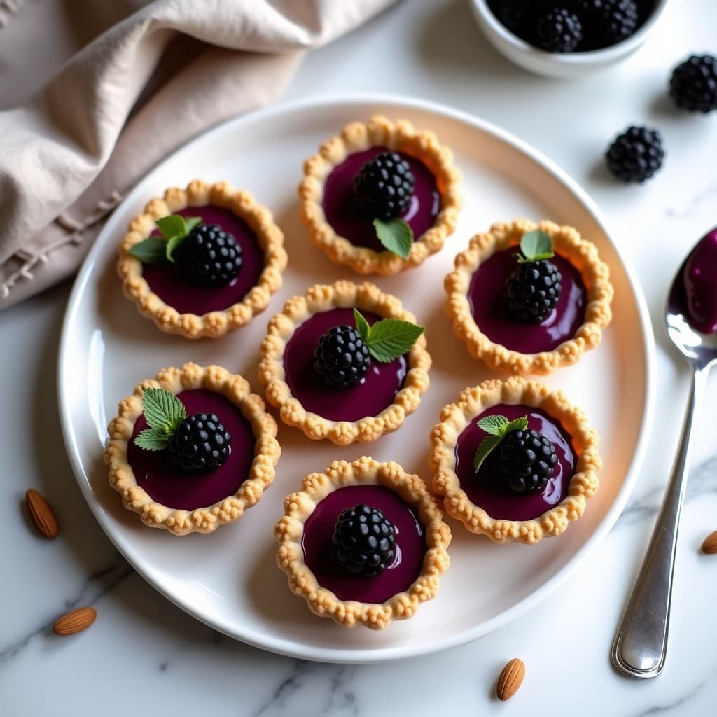 Tartaletas individuales de base dorada de almendras molidas, rellenas con una crema de zarzamora vibrante y decoradas con zarzamoras frescas enteras y un hilo de miel. Postre francés sin harina sobre un plato blanco con fondo de madera rústica.