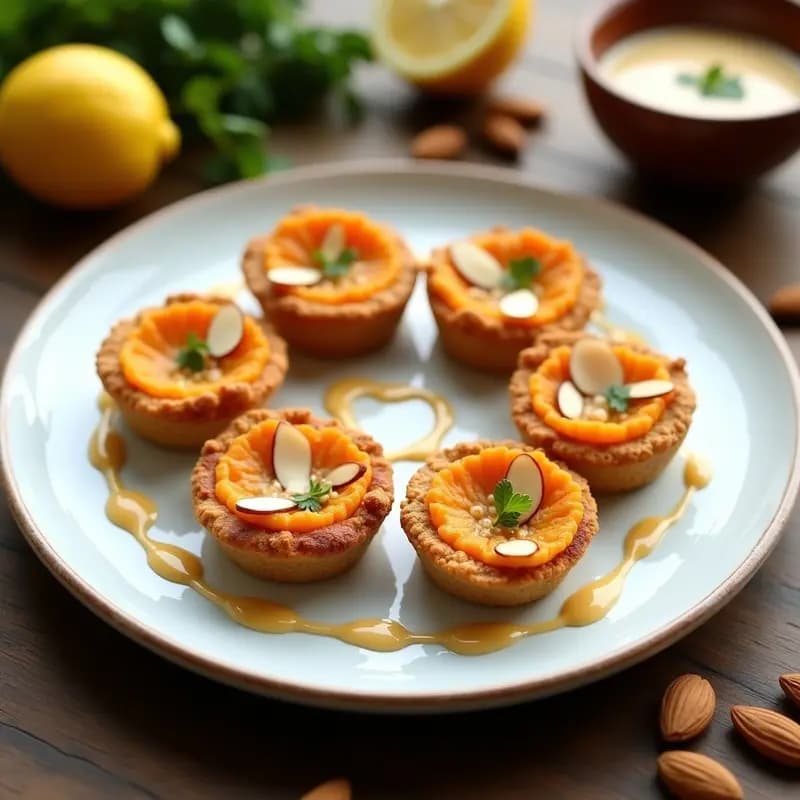 Tartaletas de amaranto y calabaza con salsa de tahini dispuestas en un plato blanco rústico, decoradas con almendras fileteadas y un hilo de salsa cremosa. Receta azteca sin gluten para desayuno saludable.