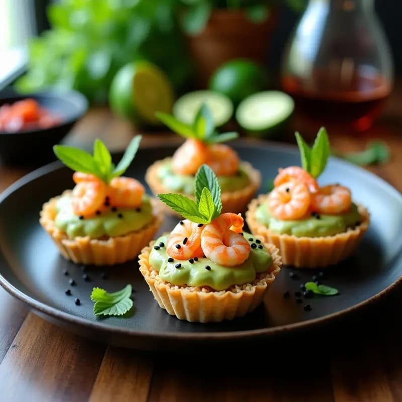 Tartaletas de arroz inflado dorado con relleno cremoso de aguacate verde y langostinos rosados, decoradas con semillas de sésamo negro y hojas de menta. Aperitivo tailandés crujiente sobre fondo de madera oscura.