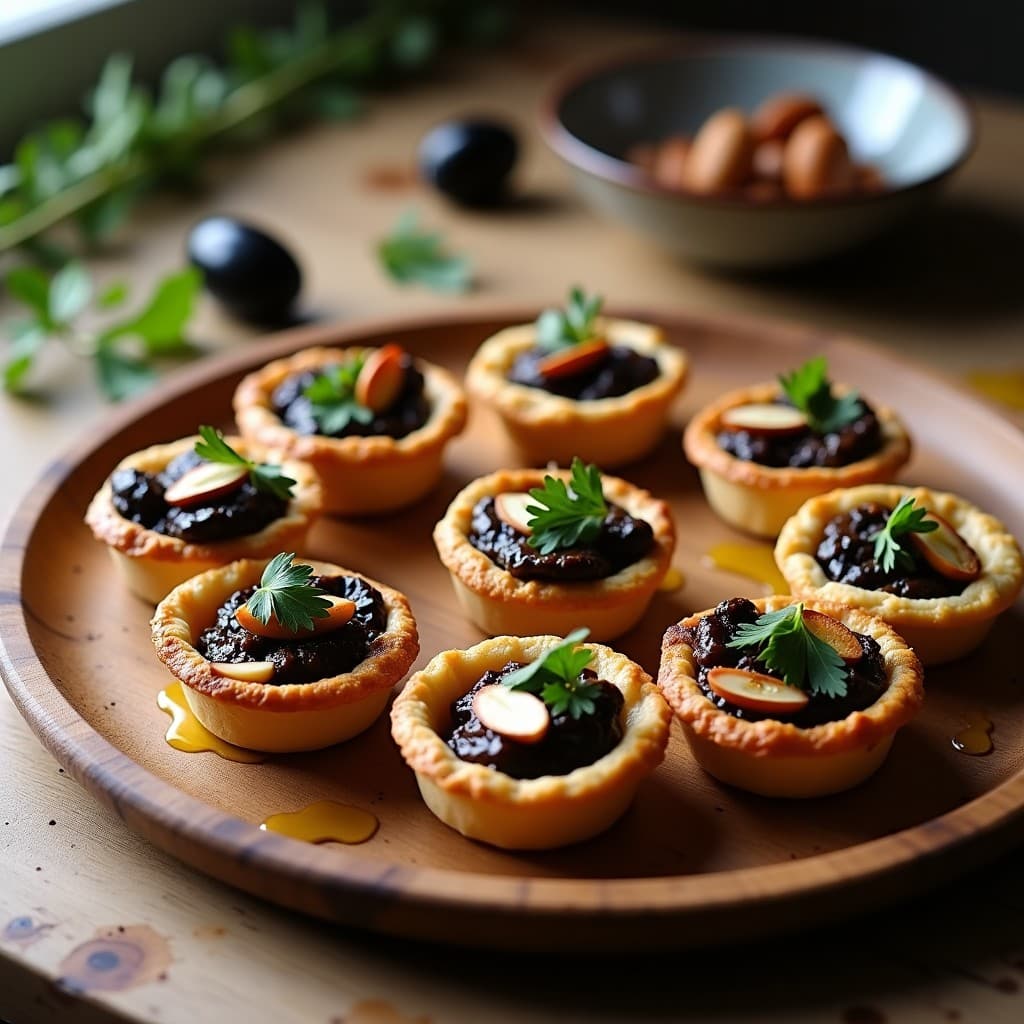 Tartaletas doradas de masa de arroz rellenas de berenjena ahumada y aceitunas kalamata, decoradas con perejil fresco y almendras fileteadas, servidas en una bandeja de madera rústica con fondo de luz natural.